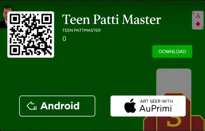 Teen Patti Master download page showing QR code and download buttons for Android and iOS